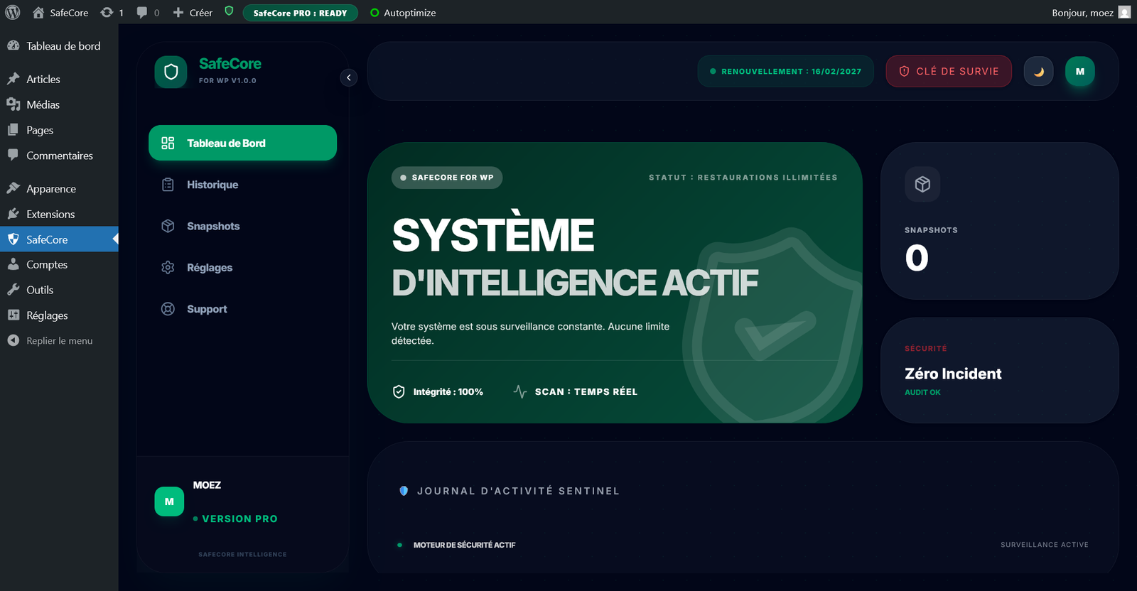 SafeCore PRO — WordPress rollback plugin dashboard with crash recovery and fault isolation (dark mode)