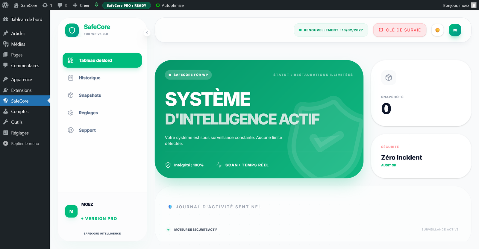 SafeCore PRO — WordPress rollback plugin dashboard with pre-update snapshots and one-click recovery